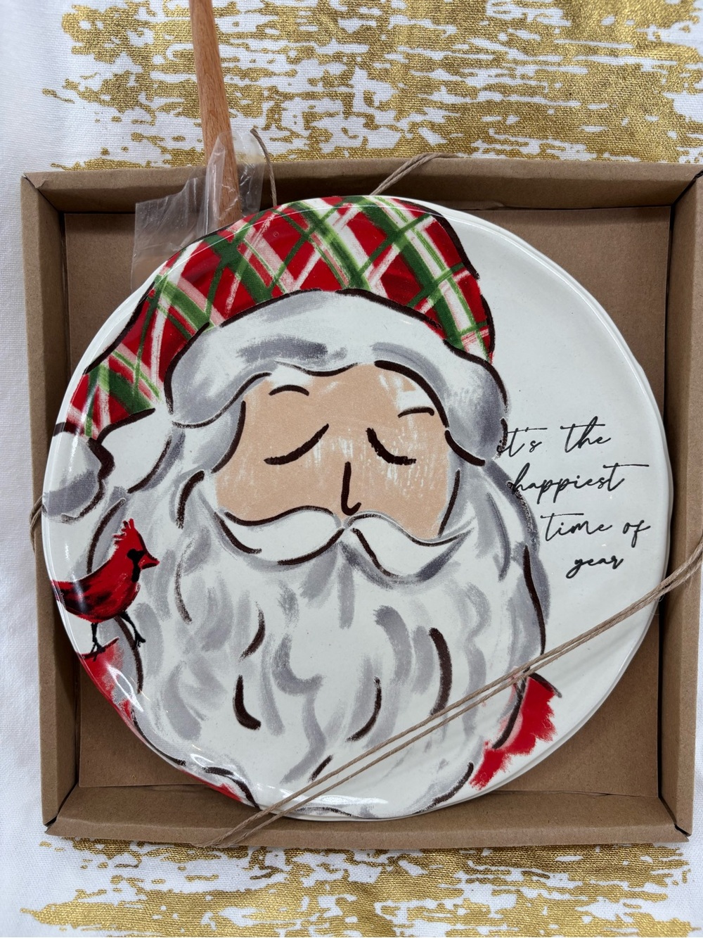 NWT Perfect Gift. 8.5 Santa Decorative Cheese Plate 5.5 brass wood  spreader
